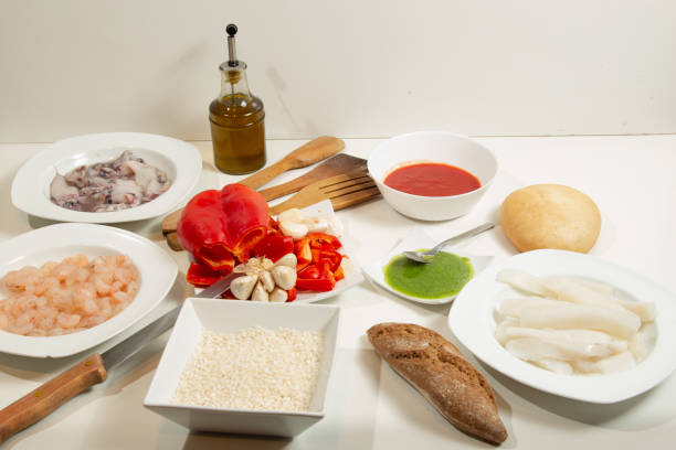 istock fresh ingredients for paella on a white background 1309066493