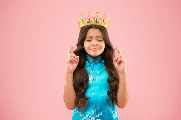 hope. winner of beauty competition. international beauty contest. kid wear golden crown symbol of princess. become princess. little princess. girl wear crown. princess manners. award concept - beauty queen imagens e fotografias de stock