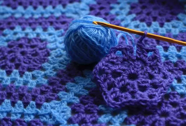 Plaid, Crochet, Knitting, Needlework, Hobby, Blanket, Bedspread, Knit, Weave, Handmade, thread, Blue, Lilac, Rows, Openwork, Crochet, Columns, Hexagon, Fragment