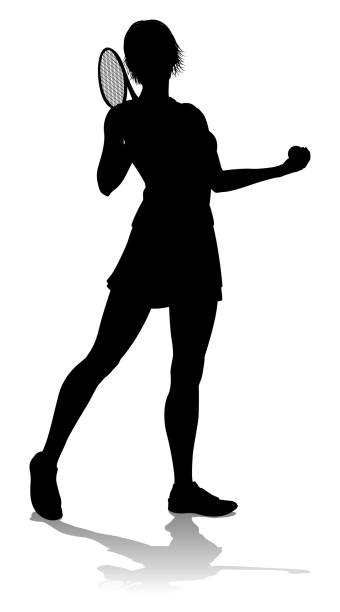 illustrazioni stock, clip art, cartoni animati e icone di tendenza di tennis silhouette sport player donna - tennis silhouette back lit tennis ball