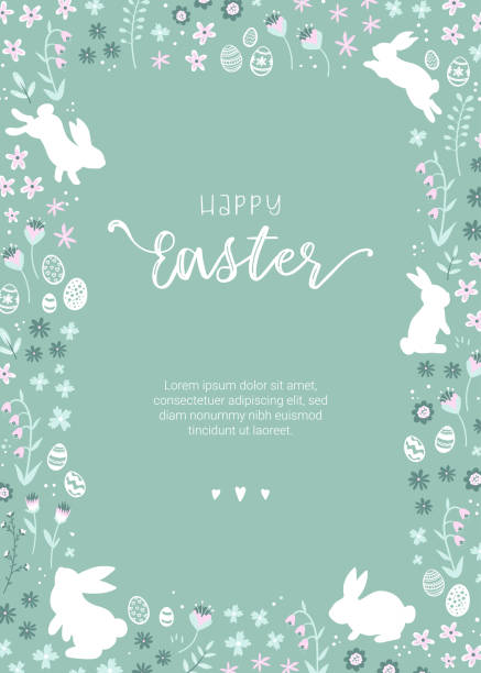 illustrazioni stock, clip art, cartoni animati e icone di tendenza di delizioso design pasquale disegnato a mano con coniglietti, uova e fiori, simpatici elementi doodle, ottimo per carte, inviti, striscioni, sfondi - design vettoriale - rabbit easter flower frame