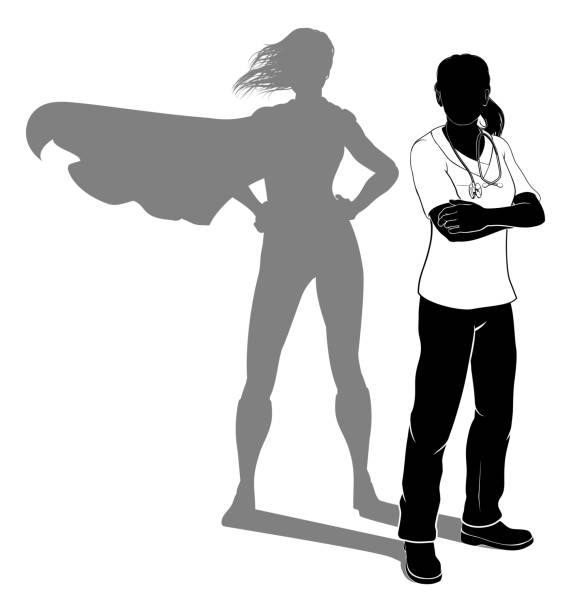Doctor Nurse Woman Silhouette Scrubs Super Hero A doctor or nurse woman in silhouette wearing scrubs revealed as a super hero by her shadow. nurse silhouettes stock illustrations