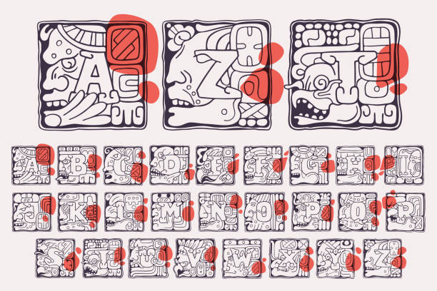 ilustraciones, imágenes clip art, dibujos animados e iconos de stock de alfabeto inicial de estilo azteca. fuente nativa americana con rostros guerrero, conquistador, calavera, buitre y leopardo. - guerrero azteca