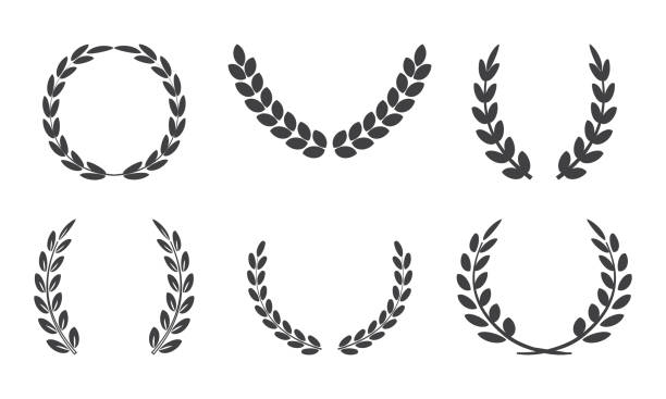 Olive crown, laurel vector wreath, leaves braches, black victory award, sport winner icons. Heraldry illustration Olive crown, laurel vector wreath, leaves braches, black victory award, sport winner icons islated on white background. Heraldry illustration wreath stock illustrations