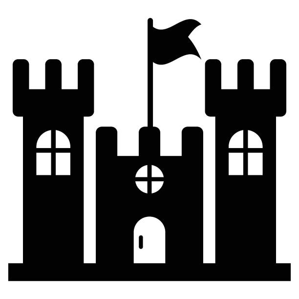 здание замка с флагом фронт вид концепция, король форт дворец с воротами вектор икона дизайн - castle fort gate fantasy stock illustrations