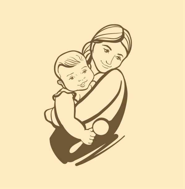 ilustrações, clipart, desenhos animados e ícones de uma jovem tem uma criança nos braços. mamãe brinca e abraça o bebê. um sinal, um esboço desenhado à mão - sketch symbol drawing illustration and painting