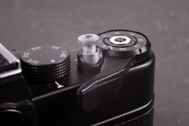 istock Old film SLR camera, shutter cocking wheel, frame counter and shutter button, close-up, selective focus 1309074324