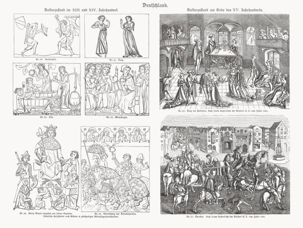 Germany, medieval culture, 13th-15th century, wood engravings, published in 1893 Germany - medieval culture from the 13th to the 15th century: 20) Duel; 21) Dance; 22) Bath; 23) Minstrel; 24) King Wenceslaus IV surrounded by his officials; 25) Award ceremony of the tournament winner; 26) Dance of the patricians; 27) Tournament. Wood engravings according to contemporary originals, published in 1893. circa 15th century stock illustrations
