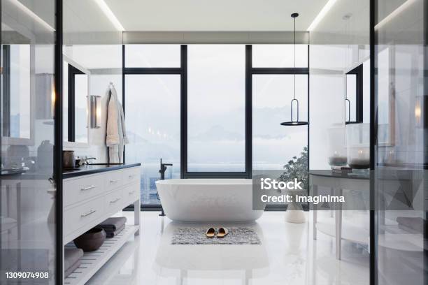 Luxury Bathroom Interior With Hot Tub And Beautiful Sea View Stock Photo - Download Image Now