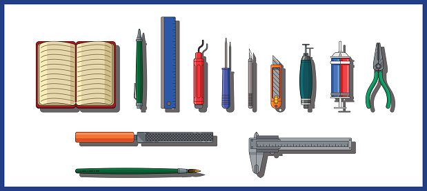 istock Set of design and manufacturing tools for hobbyist, designer and engineers to design and produce objects. Set of tools and design objects on a white background. 1309077803