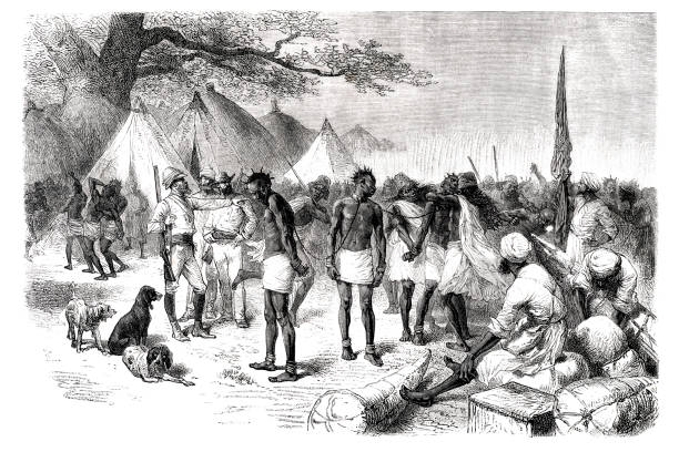 British colonist trading with slaves in West Africa 1877 British colonist trading with slaves in West Africa 1877
Original edition from my own archive
Source : Tour du monde 1877
Drawing : Emile Bayard african slaves stock illustrations