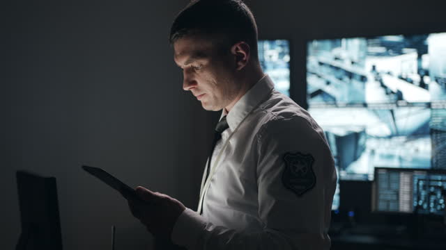 The police officer uses high technology and a tablet to view important information that he can receive in real time, which allows him to react quickly to offenses.