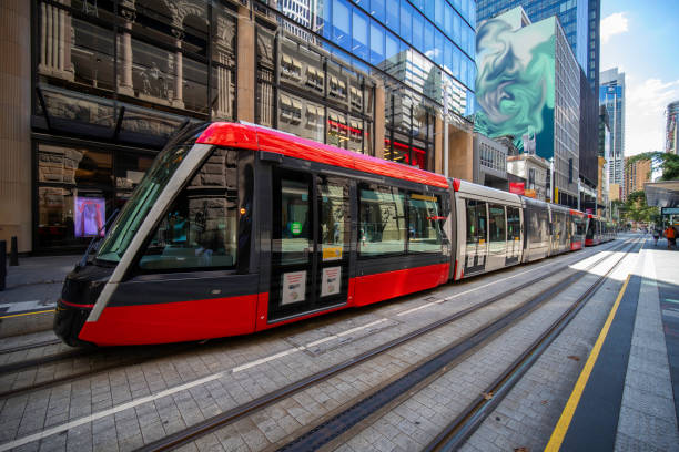 istock Tram moving through George St in Sydney NSW Australia 1309079237