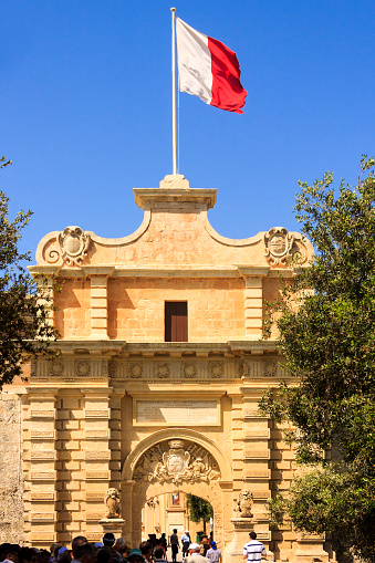 Valletta, Malta Jun, 13. 2019:  War Museum main entry Fort Saint Elmo in the downtown of historic Valletta, architectural detail.