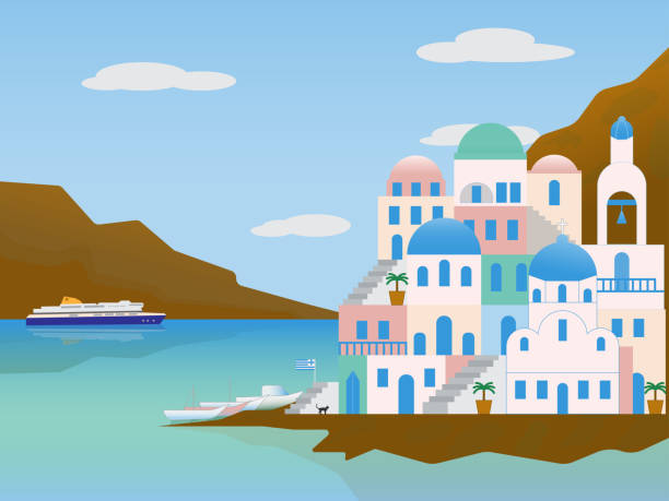 ilustraciones, imágenes clip art, dibujos animados e iconos de stock de grecia, santorini, a orillas del mar, diseño plano - greece greek islands town village