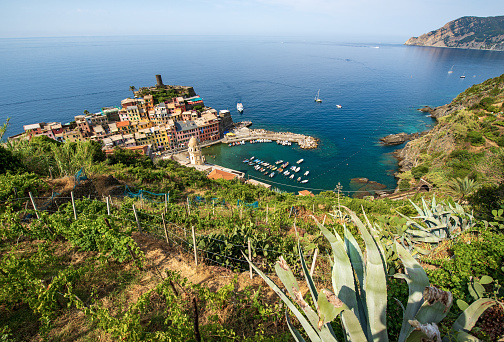 Aerial view of the famous Vernazza village and the Ligurian Sea from the hill. Cinque Terre, National park in Liguria, La Spezia province, Italy, Europe. UNESCO world heritage site.