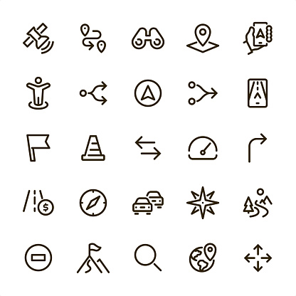 Navigation icons set #20
Specification: 25 icons, 36x36 pх, Perfect fit to 48x48 or 64x64 container, stroke weight 2 px.
Features: Pixel Perfect, Unicolor, Single line.

First row of  icons contains:
Satellite, Distance Sign, Binoculars, Road Map, Holding Smartphone with Navigation Arrow on screen;

Second row contains: 
Location Mark, Separating Arrows, Pointer Stick, Merging Arrows, Mobile GPS;

Third row contains: 
Flag, Traffic Cone, Arrow to left and right, Gauge, Turn right Arrow; 

Fourth row contains: 
Tall Highway, Navigational Compass, Traffic Jam, Compass Rose, Winding Road; 

Fifth row contains: 
No Entry Traffic Sign, Mountain Peak, Magnifying Glass, Location, Crossroad.

Look at complete Lovico collection — https://www.istockphoto.com/collaboration/boards/lMC2_wNPxEicskAakpAbgA