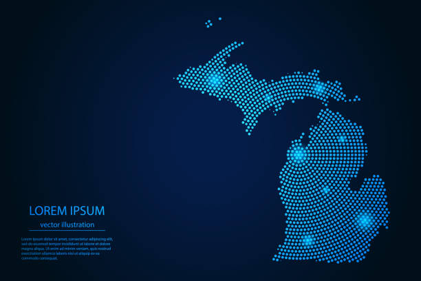 illustrations, cliparts, dessins animés et icônes de carte abstraite de michigan d’étoile bleue de point et rougeoyante sur un fond foncé - michigan