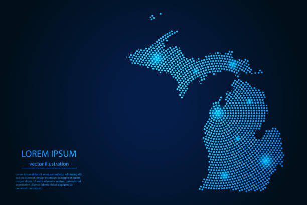 abstrakcyjny obraz mapa michigan z punktu niebieskiego i świecące gwiazdy na ciemnym tle - michigan stock illustrations