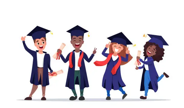 Vector illustration of Happy graduated students wearing academic gown with diplomas in their hands. Multicultural Boys and girls celebrating university graduation together.
