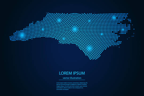 Abstract image North Carolina map from point blue and glowing stars on a dark background Abstract image North Carolina map from point blue and glowing stars on a dark background. vector illustration. state of north carolina map stock illustrations