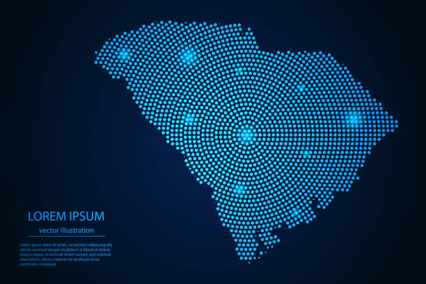 абстрактное изображение карты южной каролины с точки синие и светящиеся звезды на темном фоне - south carolina stock illustrations