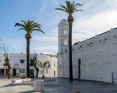 Conil de la Frontera, Spain - 17 January, 2021: the Church of Santa Catalina and square
