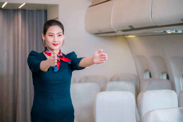 istock Flight attendant demonstrating the use of doors and operations on the aircraft. 1309089770