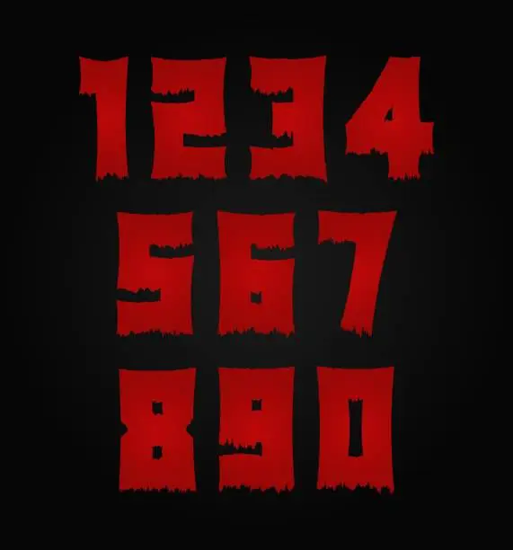 Vector illustration of Horror bloody, scary number set. Insane Fear brutal, scream font. Wicked night theme style design