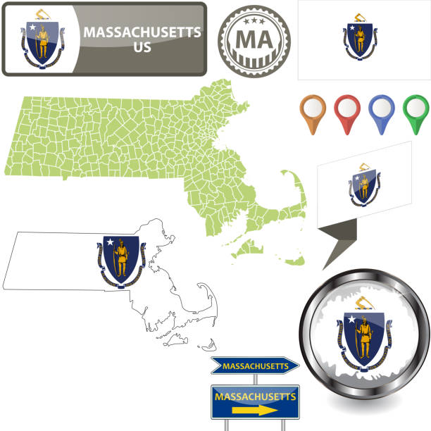 Map of Massachusetts Map of Massachusetts state, US with flag and counties. Vector image massachusetts map stock illustrations