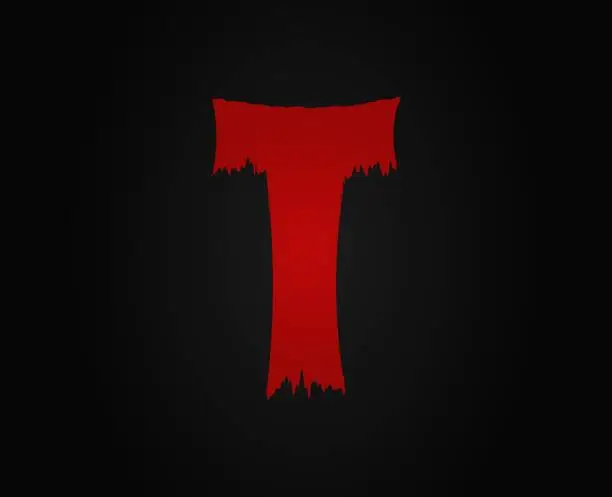 Vector illustration of T letter horror bloody, scary. Insane Fear brutal, scream font. Wicked night theme style design