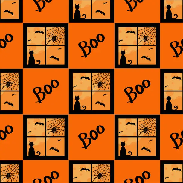 Vector illustration of Halloween seamless pattern, window, bats, moon, cat, spider web and spider.