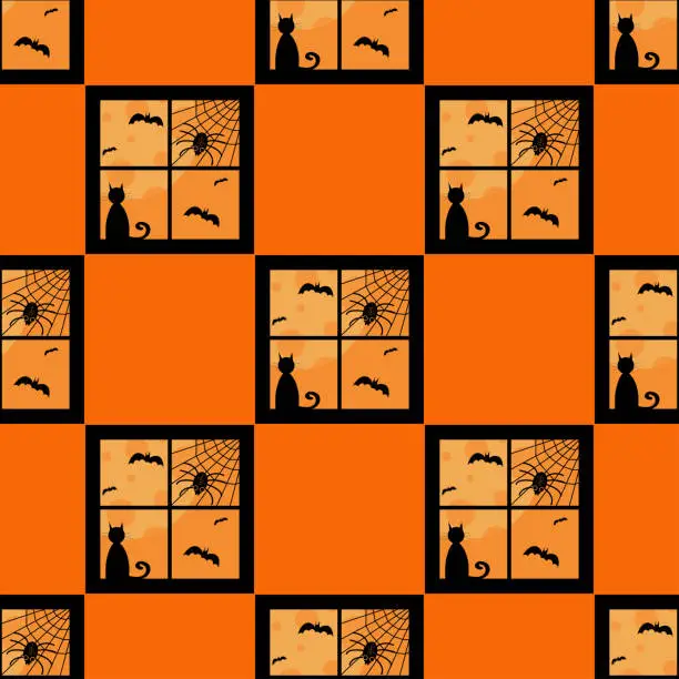 Vector illustration of Halloween seamless pattern, window, bats, moon, cat, spider web and spider.
