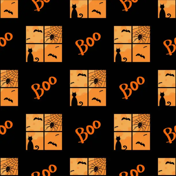 Vector illustration of Halloween seamless pattern, window, bats, moon, cat, spider web and spider.