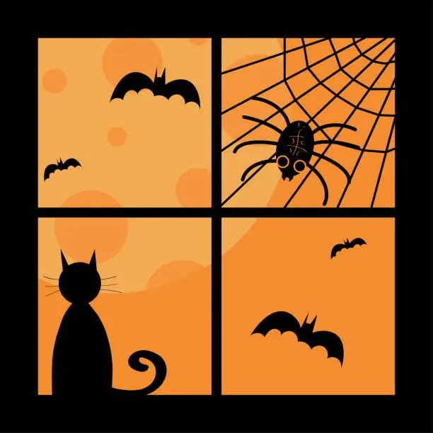 Vector illustration of Halloween illustration, window, bats, moon, cat, spider web and spider.