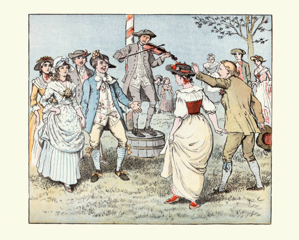 ilustrações, clipart, desenhos animados e ícones de venha, lasses and lads, people folk dancing to a fiddlers tune, 19th century - randolph caldecott