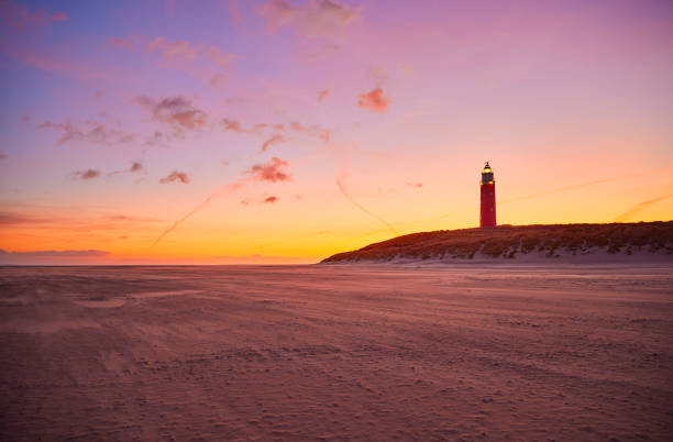 Beautiful sunset behind the white lighthouse Lyngvid in Denmark.