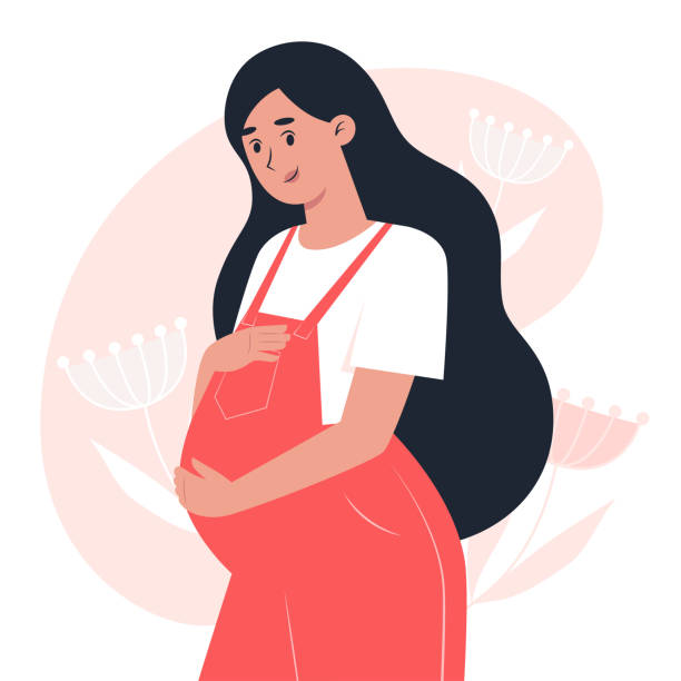 ilustrações, clipart, desenhos animados e ícones de jovem grávida de macacão abraçando barriga com as mãos, gravidez e maternidade - gravida
