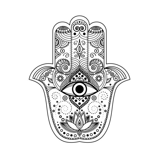 ilustrações, clipart, desenhos animados e ícones de símbolo da mão hamsa. ilustração em preto e branco. símbolo de força e felicidade. mão ornamental - hamsa