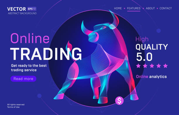 istock Online trading business service landing page template with a high-quality rating. Abstract outlined vector illustration of a bull or bison silhouette in 3d neon line art style 1309096624