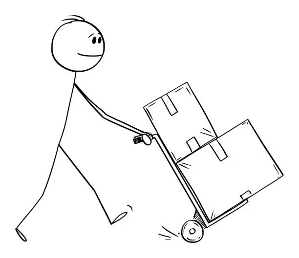 Vector illustration of Man Pushing Hand Truck, Concept of Delivery, Logistic or Moving. Vector Cartoon Stick Figure Illustration