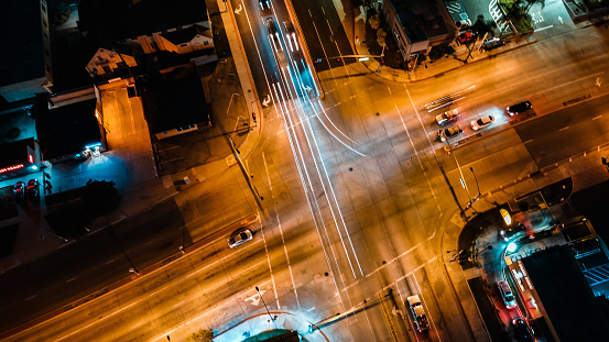 City Street At Night Long Exposure Aerial Shot