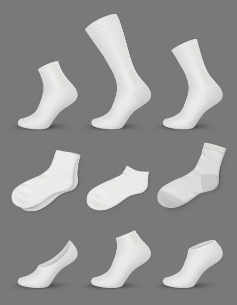 stockillustraties, clipart, cartoons en iconen met witte sokken. inzameling van gevormde moderne kleren voor mannen witte schoenen sokken mockup fatsoenlijke vector realistische set geïsoleerd - lange sokken