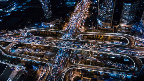 istock Drone Point View of Traffic Jam at Night 1309099106