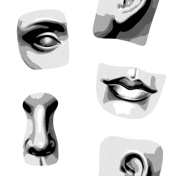 istock Hatched seamless pattern of face parts in the antique style 1309102823
