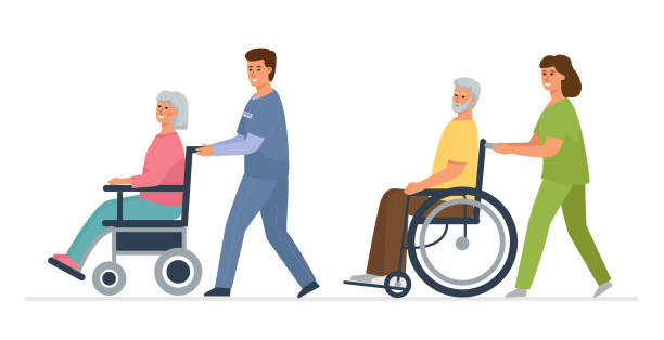 Elderly people with disabilities in wheelchairs and medical workers. A walk for patients from a nursing home. vector art illustration