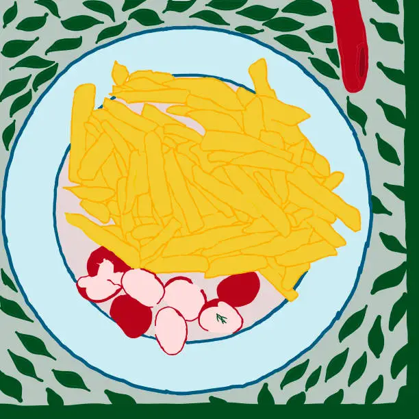 Vector illustration of Fried potatoes with red radish on the plate