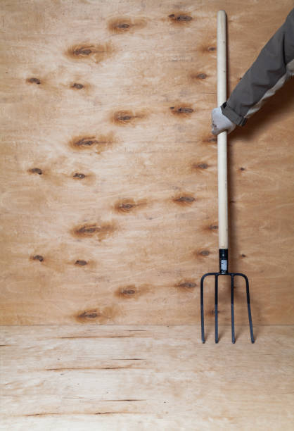 istock Hand holds pitchfork on wooden handle on wooden background 1309105910