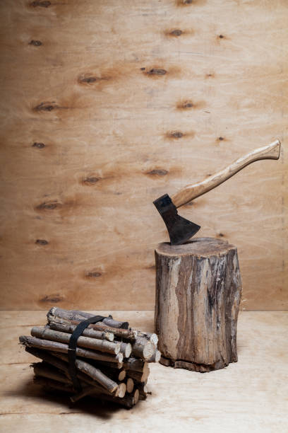 istock Ax in tree stump and firewood on wooden background 1309105989