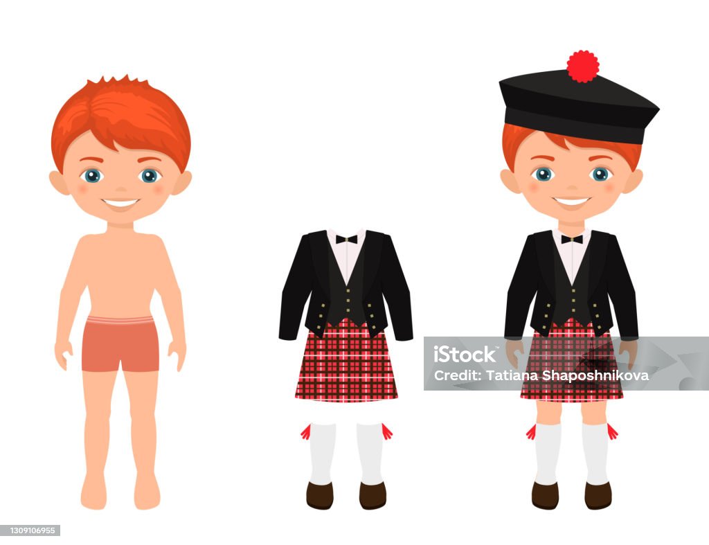Dress Up Cute Boy In Scottish Suit Paper Doll Character Template cartoon  Flat Style Stock Illustration - Download Image Now - iStock